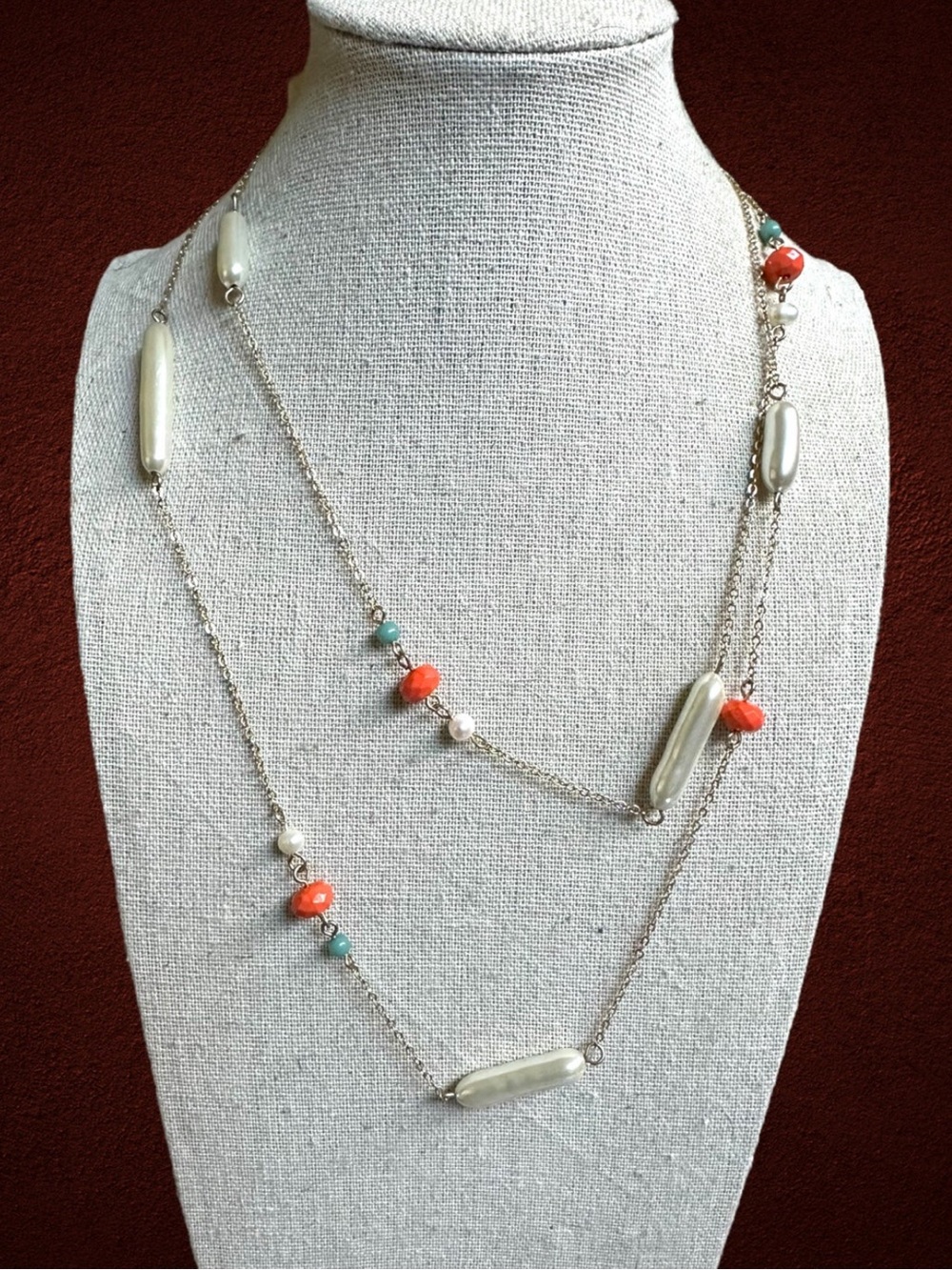 Lia Sophia Gold Tone Single Strand Faux Pearl, Turquoise, & Coral 40” Necklace